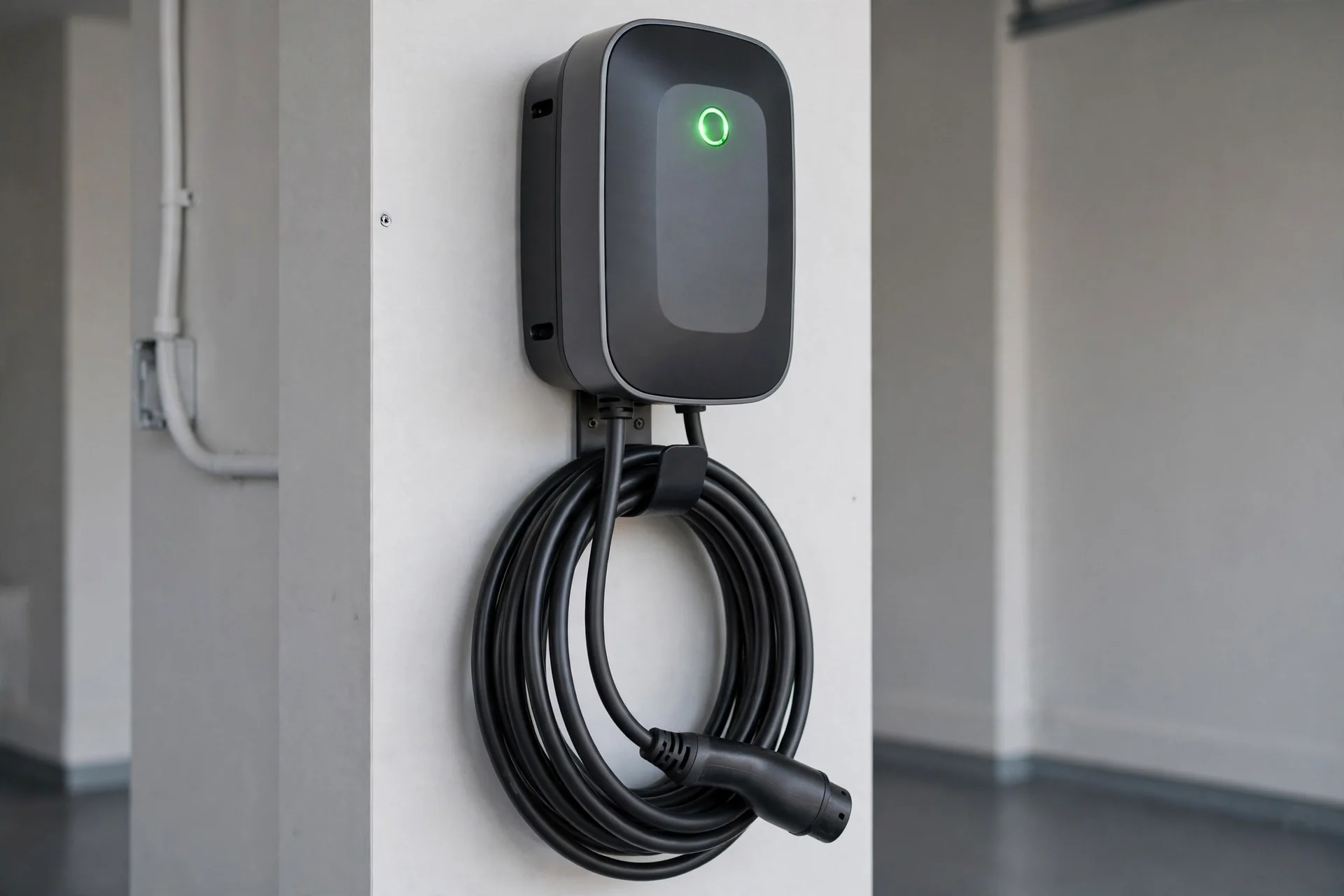 Close-up of professionally installed home EV charging station