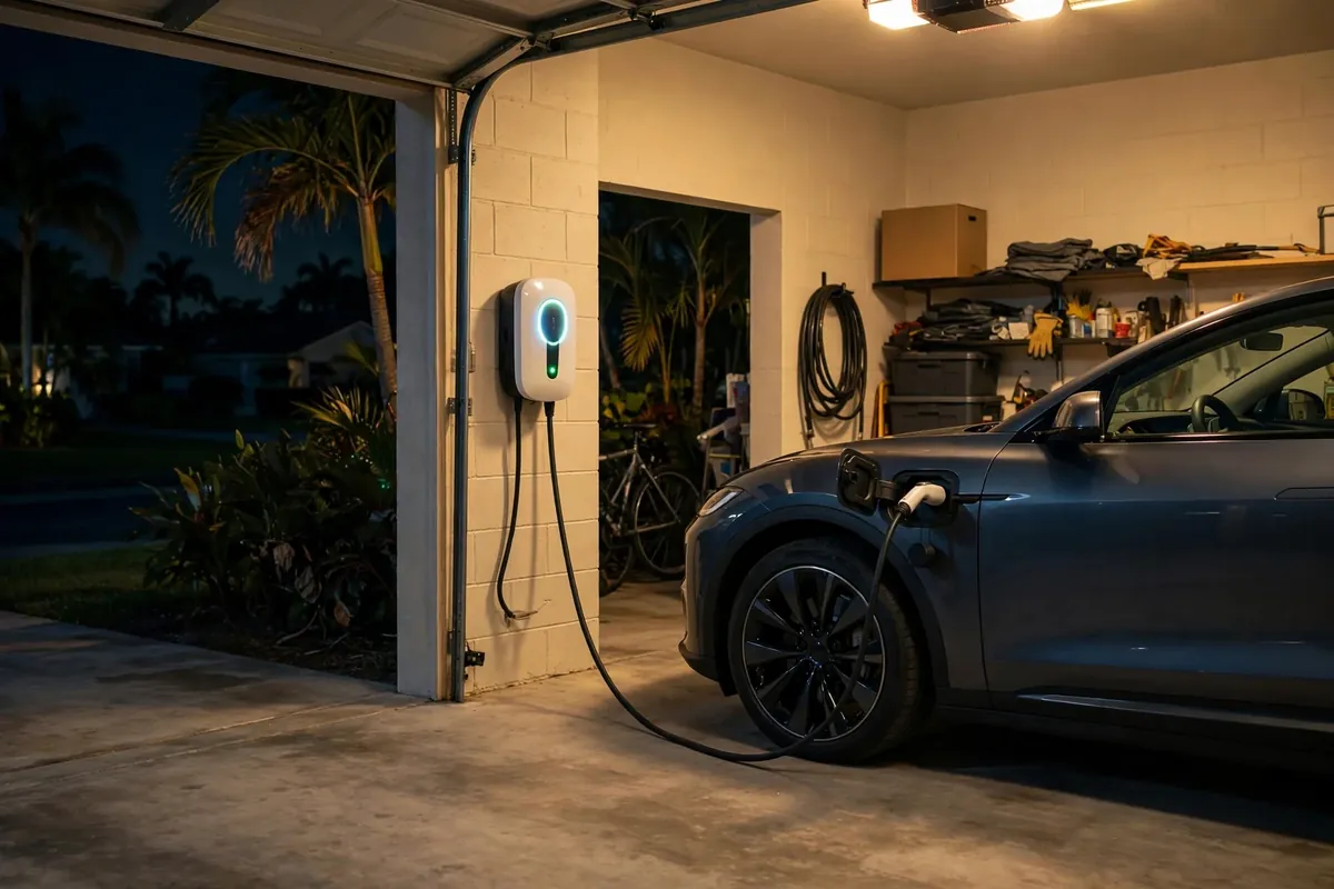 Electric car charging at home in Florida garage at night