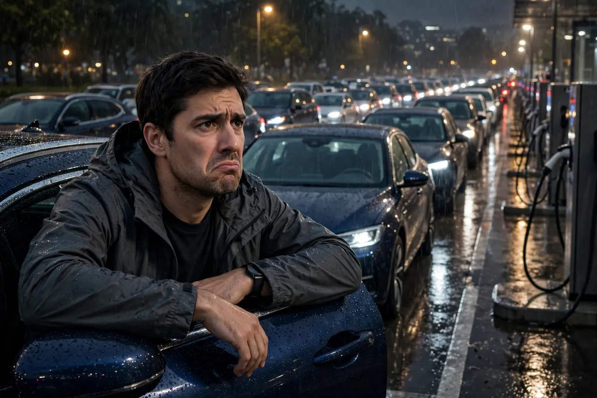 EV driver waiting at a public charging station at night